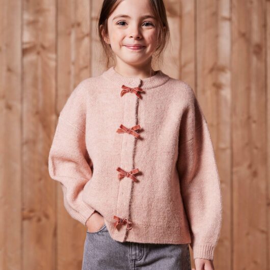 Girl's fancy cardigan with velvet bow rosy
