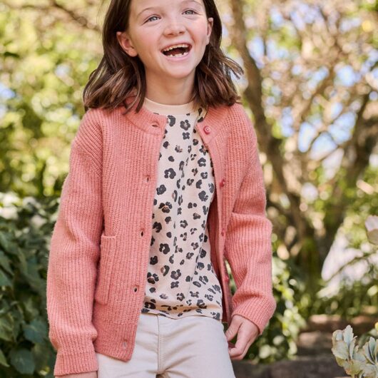 Girl's fine knit fluffy cardigan coral