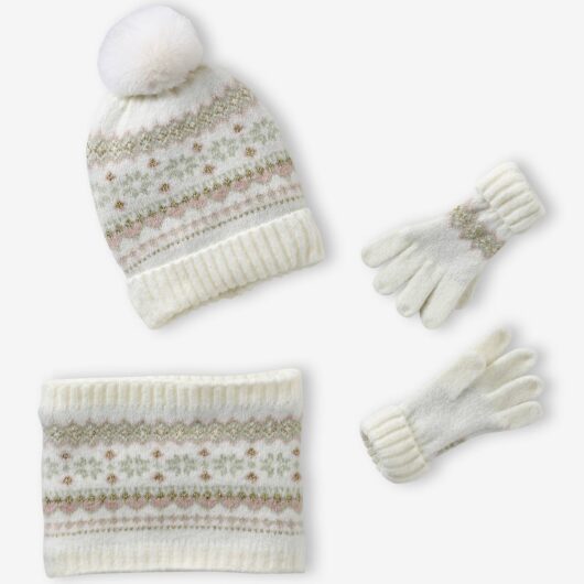 Girl's jacquard set: beanie + snood + mittens/gloves ecru