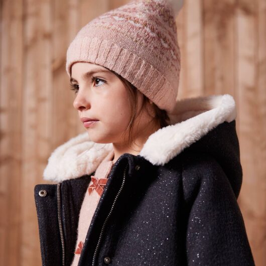 Girl's jacquard set: beanie + snood + mittens/gloves rose