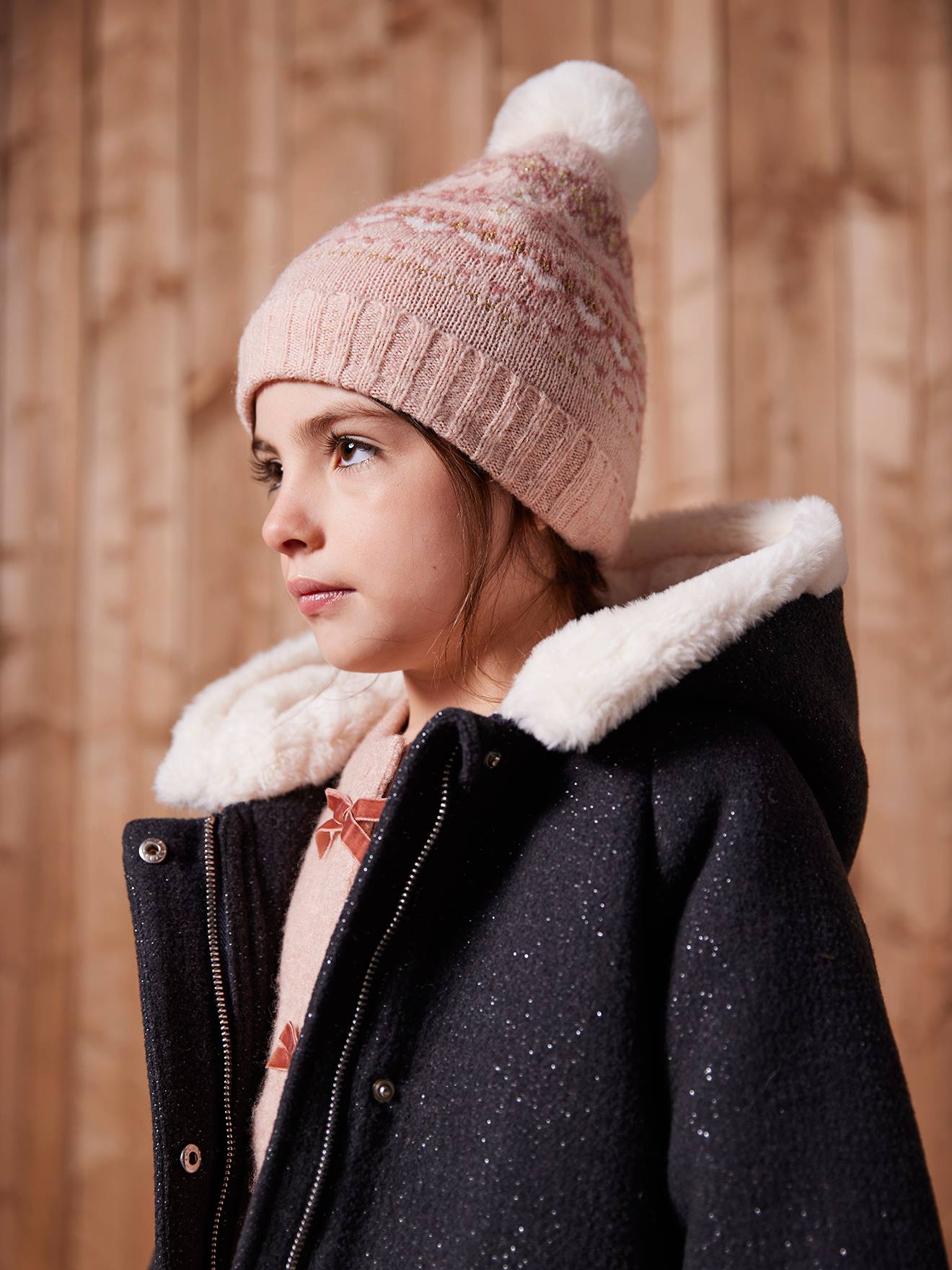 Girl's jacquard set: beanie + snood + mittens/gloves rose
