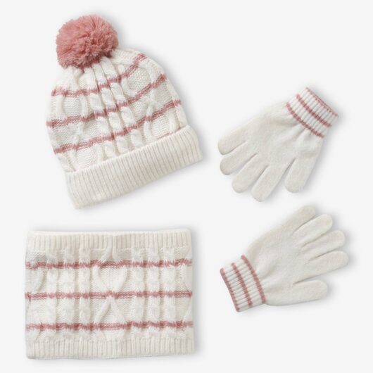 Girl's twisted knit set: beanie + snood + mittens/gloves ecru