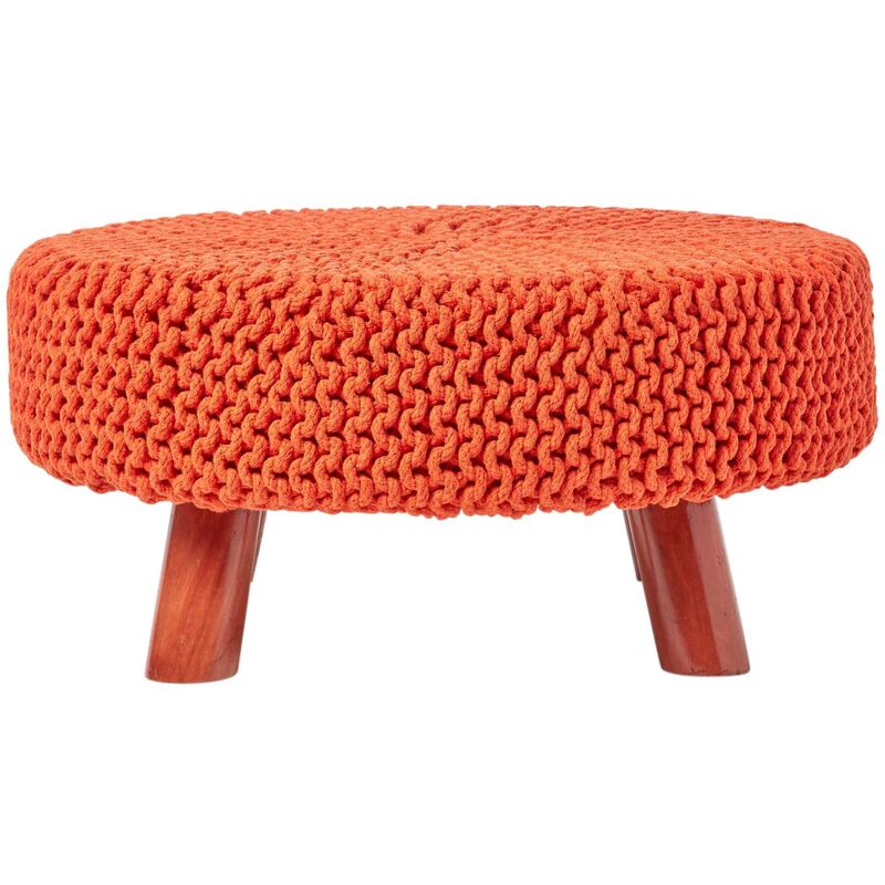 HOMESCAPES Burnt Orange Large Round Cotton Knitted Footstool on Legs
