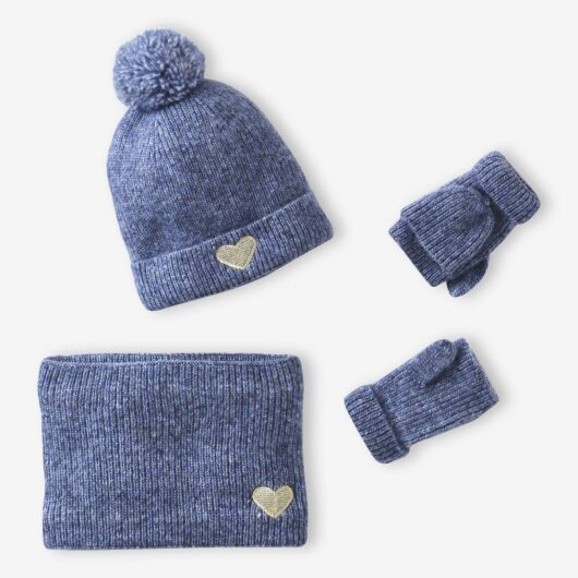 Heart Beanie + Snood + Gloves/Mittens Set for Girls navy blue