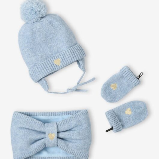 Heart Beanie + Snood + Mittens Set for Baby Girls crystal blue