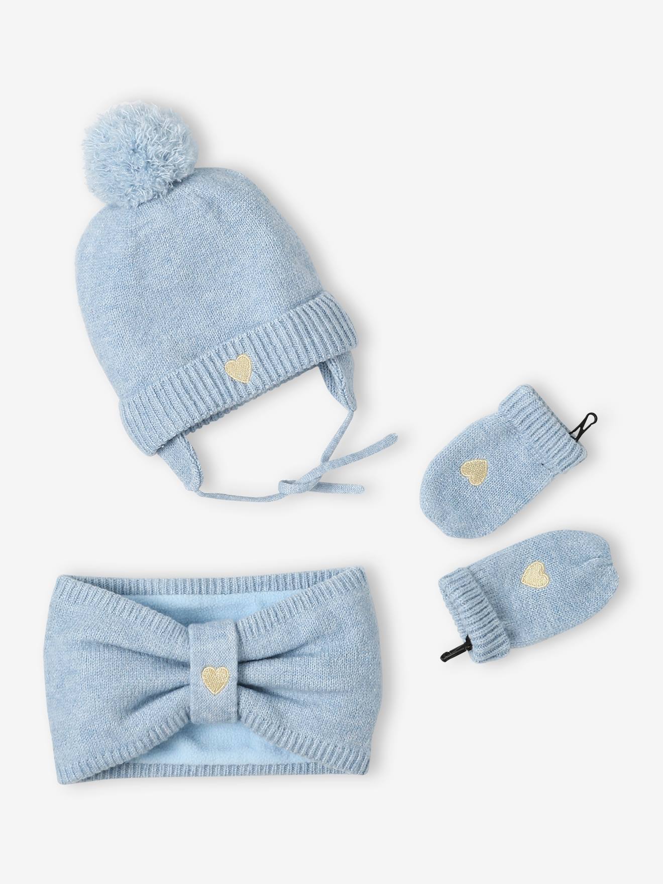 Heart Beanie + Snood + Mittens Set for Baby Girls crystal blue