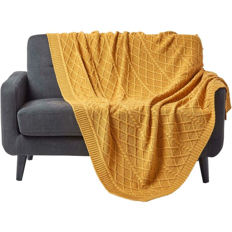 Homescapes - Mustard Diamond Cable Knit Cotton Throw, 130 x 170 cm