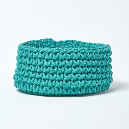 Homescapes - Teal Green Cotton Knitted Round Storage Basket, 37 x 21 cm
