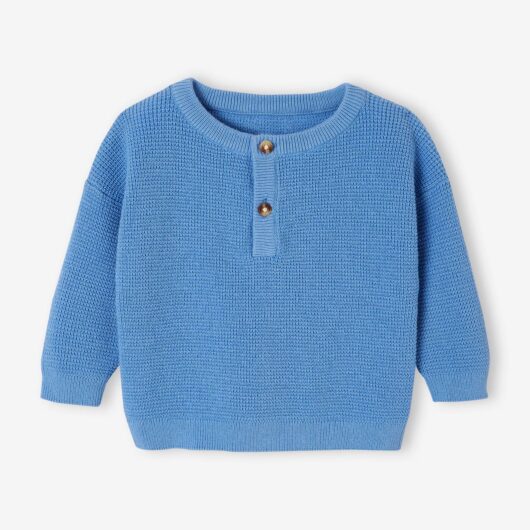 Honeycomb Knit Jumper with Grandad-Style Neckline for Babies blue