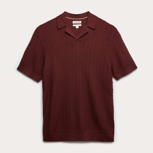 JAEGER Merino Wool Rich Knitted Polo Shirt with Silk Burgundy