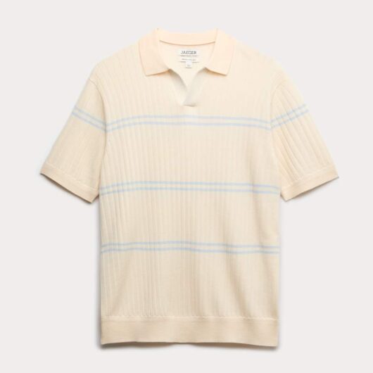 JAEGER Merino Wool Rich Knitted Polo Shirt with Silk Ecru Mix