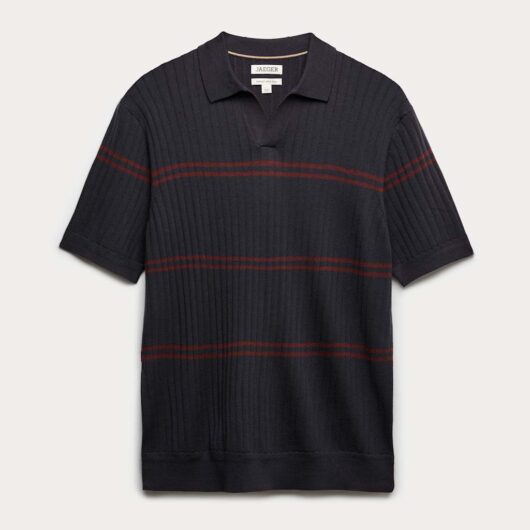 JAEGER Merino Wool Rich Knitted Polo Shirt with Silk Navy Mix