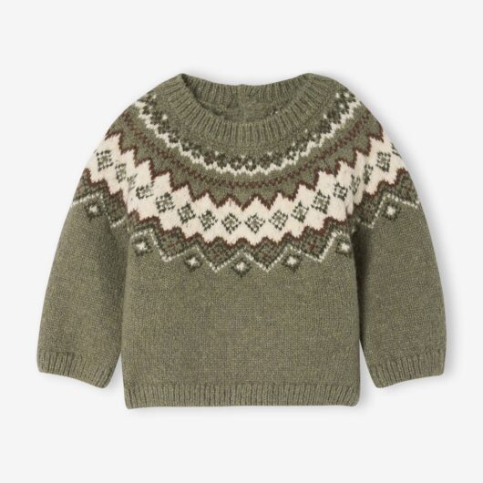 Jacquard Jumper in Ultra Soft Fuzzy Knit for Baby Boys khaki
