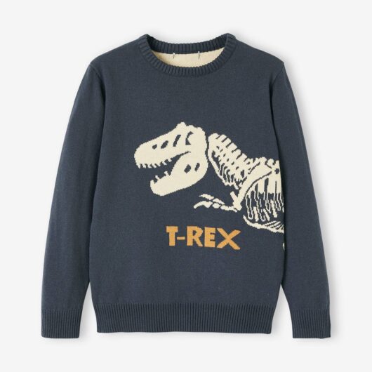 Jacquard Jumper with Fun Motif for Boys blue medium solid with design