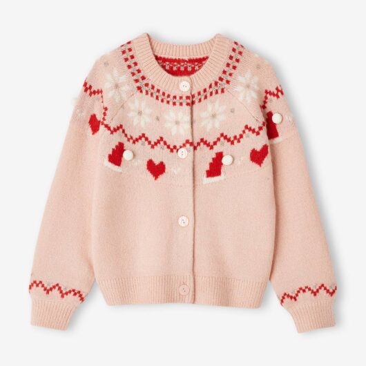 Jacquard Knit Christmas Cardigan with Shimmery Details for Girls rosy