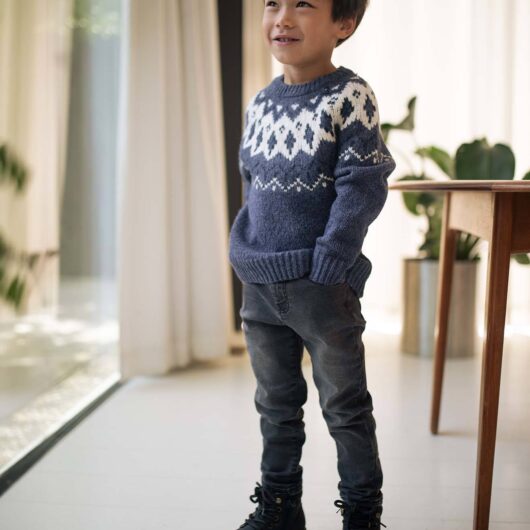 Jacquard Knit Jumper, Round Neckline, for Boys slate blue