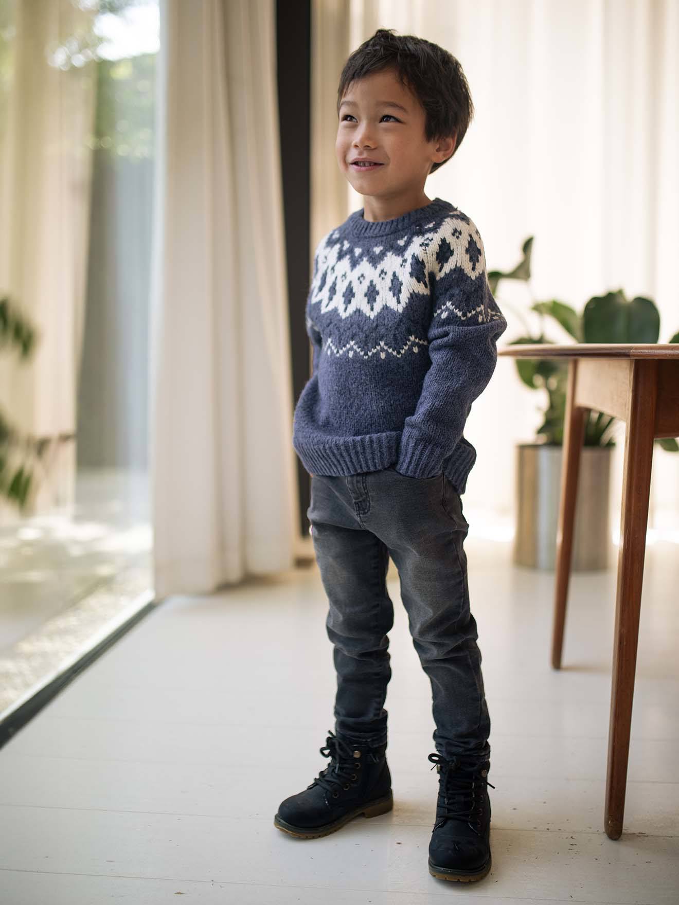 Jacquard Knit Jumper, Round Neckline, for Boys slate blue