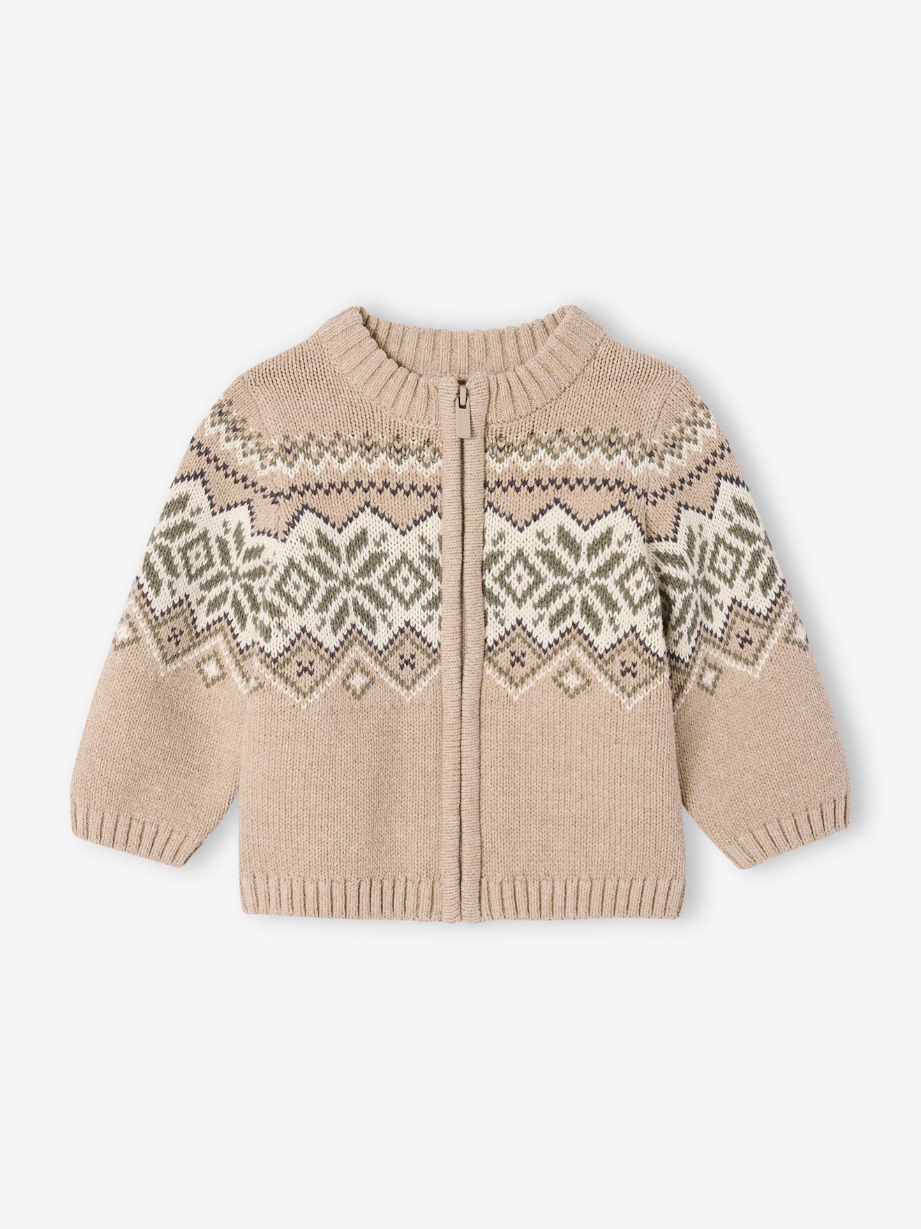 Jacquard knit zipped cardigan for babies marl beige