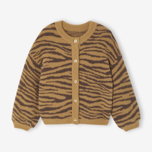 Knitted Cardigan with Animal Pattern, for Girls chocolate