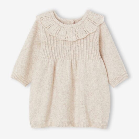 Knitted Dress with Frilled Collar for Babies marl beige