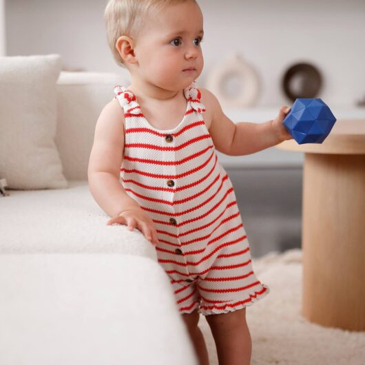 Knitted-Effect Jersey Knit Playsuit for Babies striped red