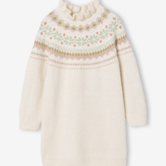 Knitted Jacquard Dress for Girls ecru