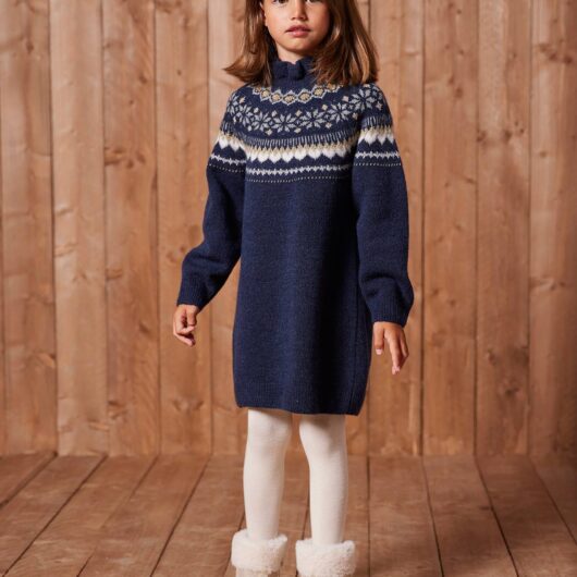 Knitted Jacquard Dress for Girls navy blue
