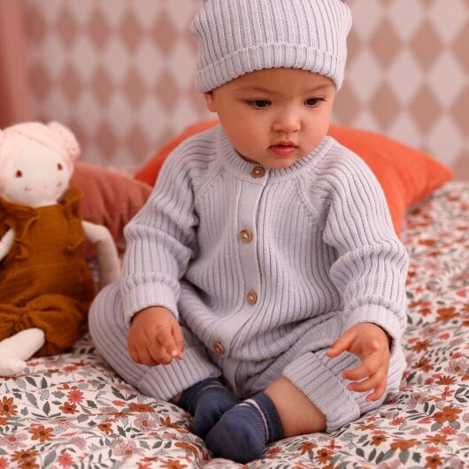 Knitted Jumpsuit & Matching Beanie with Ears Combo for Babies pale blue