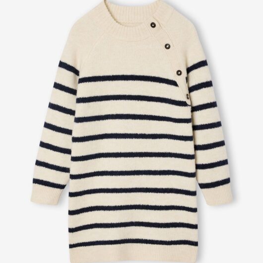 Knitted Striped Dress for Girls ecru