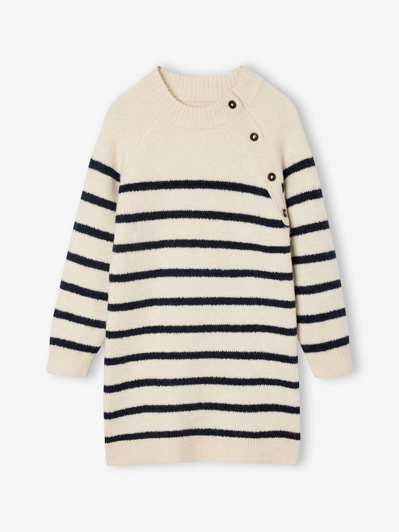 Knitted Striped Dress for Girls ecru