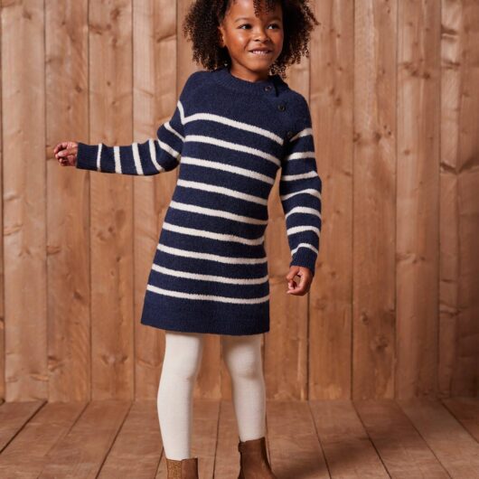 Knitted Striped Dress for Girls navy blue