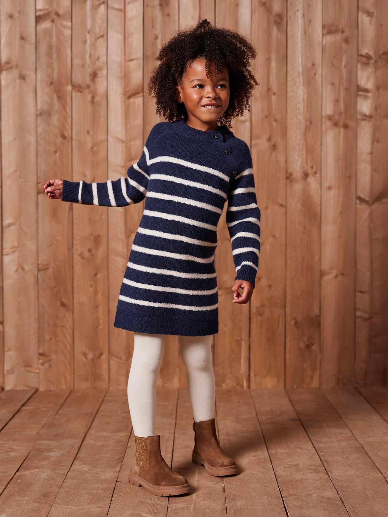 Knitted Striped Dress for Girls navy blue
