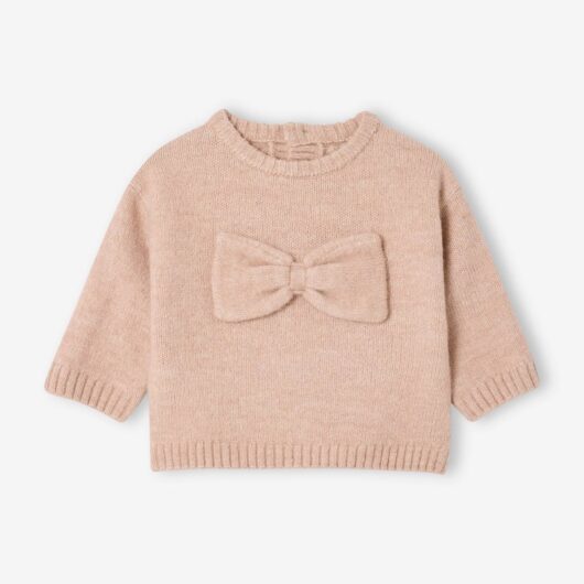 Knitted baby jumper with 3D bow rosy
