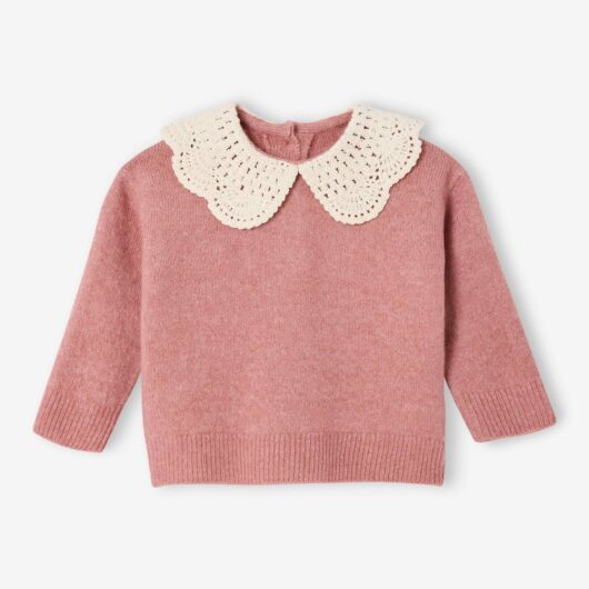 Knitted jumper for babies with crochet collar rosy