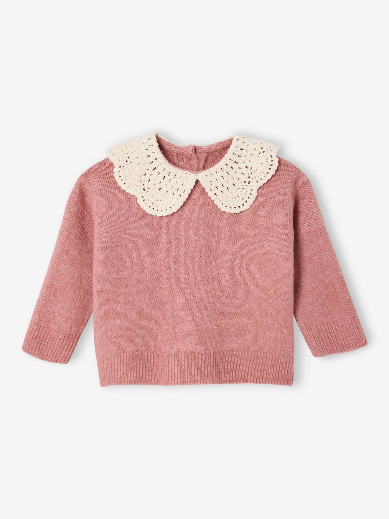 Knitted jumper for babies with crochet collar rosy