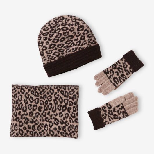 Leopard Beanie + Snood + Gloves Set for Girls printed brown
