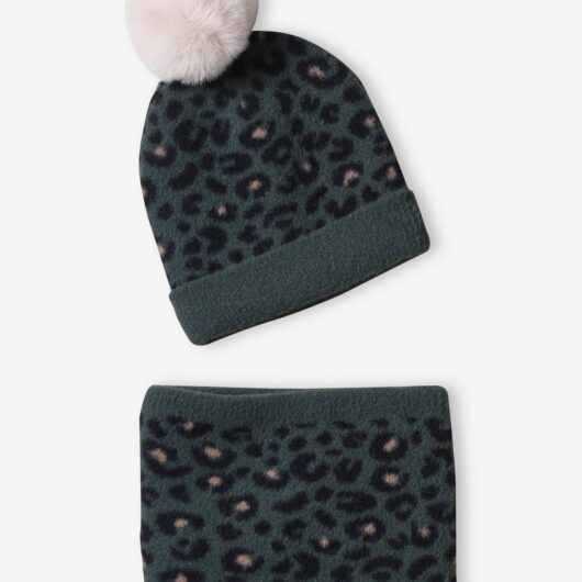Leopard Beanie + Snood Set for Girls green