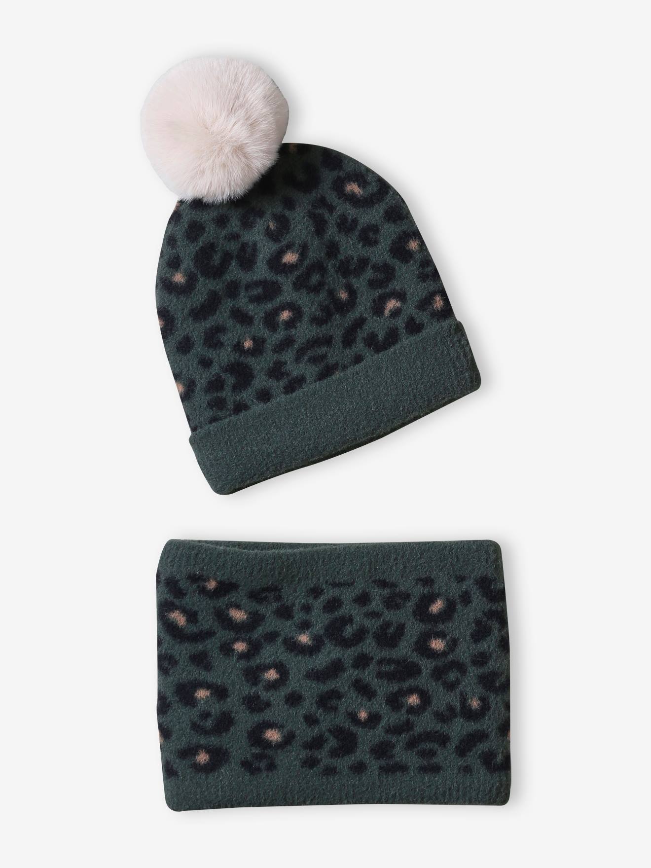 Leopard Beanie + Snood Set for Girls green