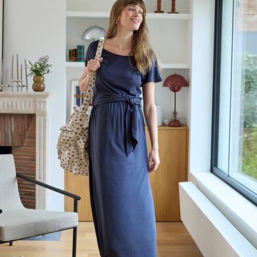 Long Jersey Knit Dress with Short Sleeves for Maternity anthracite