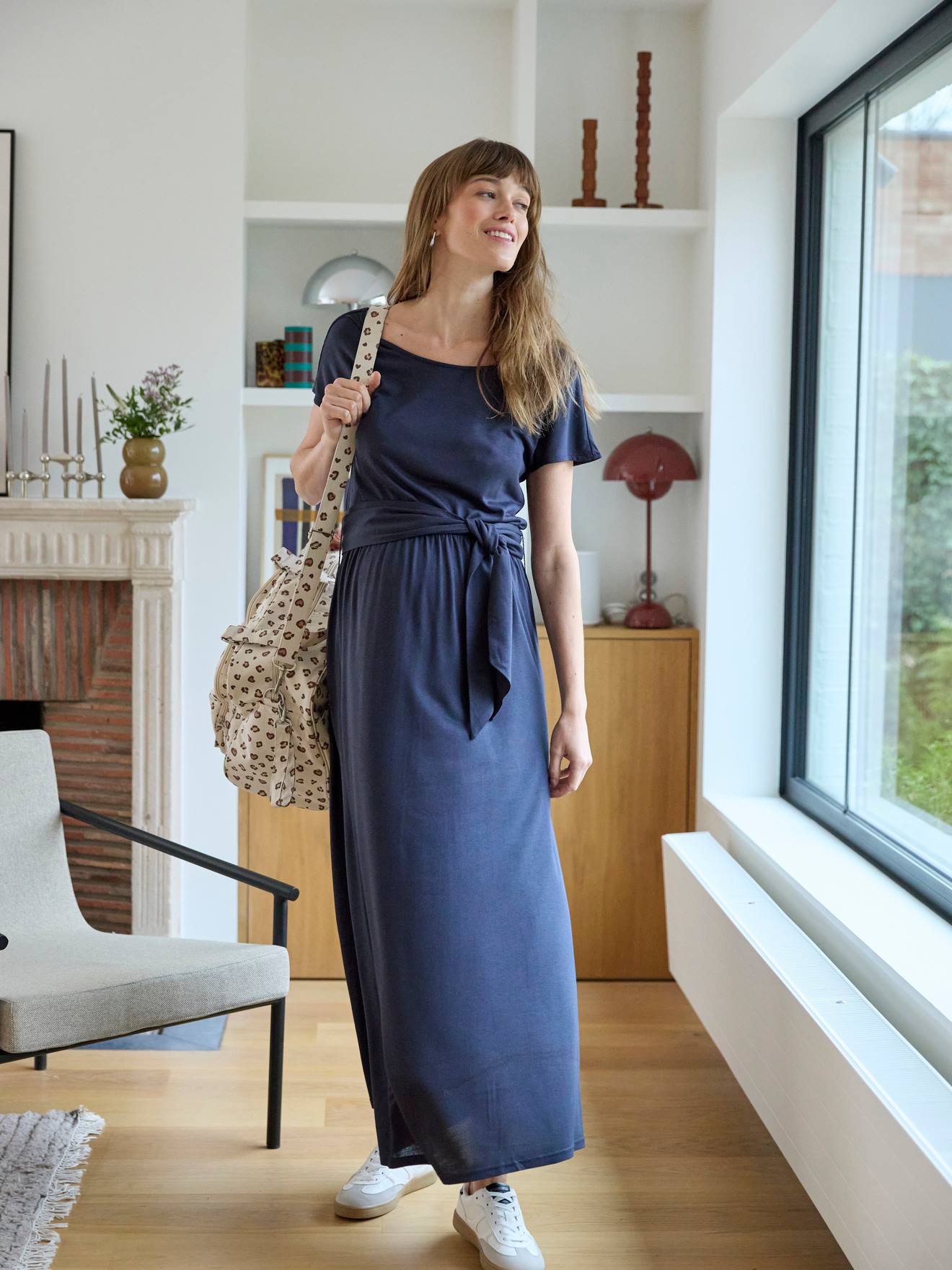 Long Jersey Knit Dress with Short Sleeves for Maternity anthracite