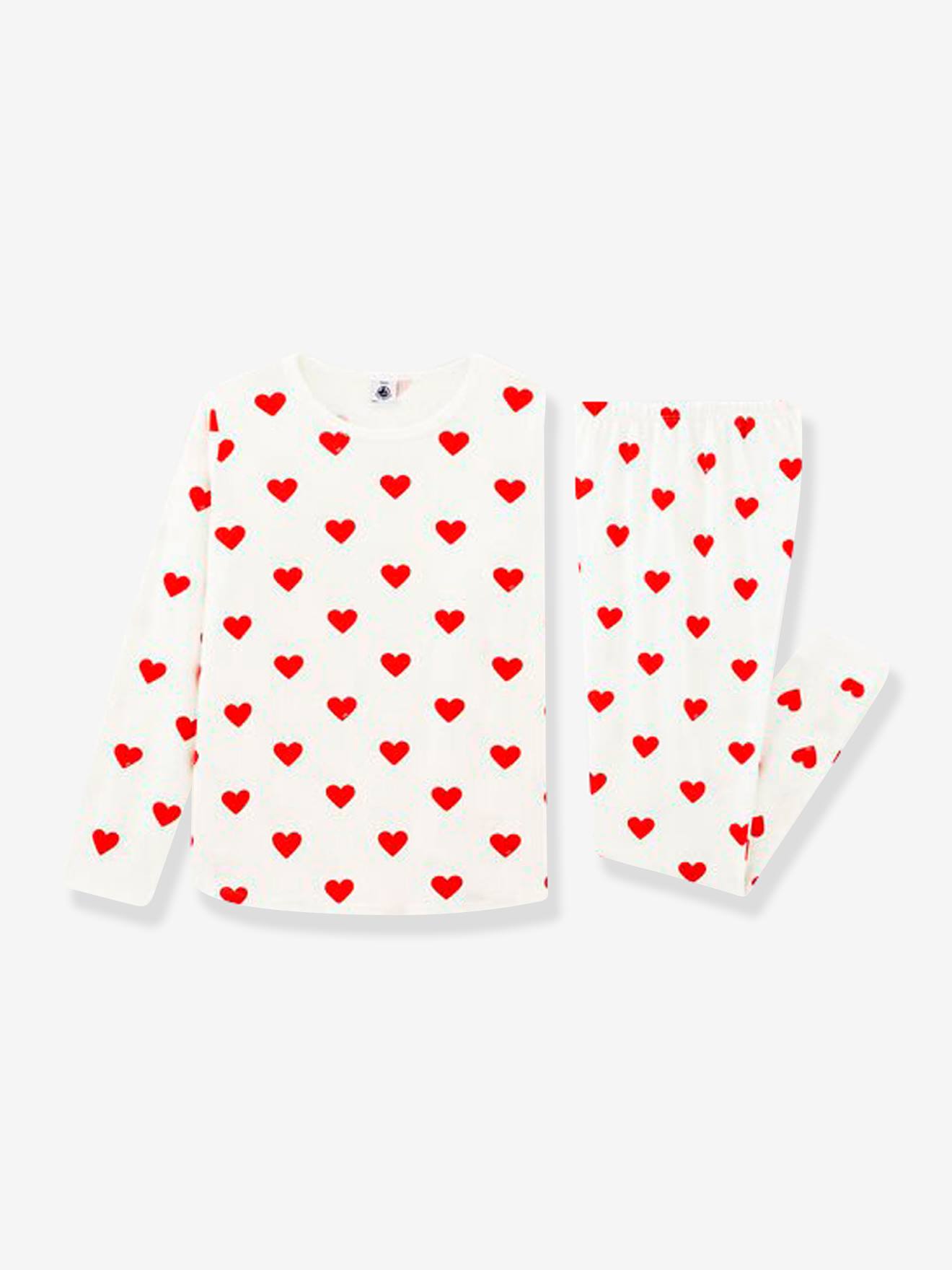 Long Sleeve Heart Pyjamas in Organic Cotton for Girls, by Petit Bateau white light all over printed