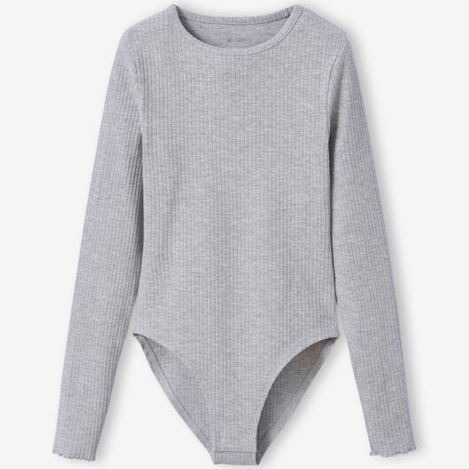 Long-Sleeved Ribbed Knit Bodysuit for Girls, JONEN marl grey