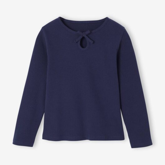 Long-Sleeved Ribbed Knit T-Shirt for Girls navy blue