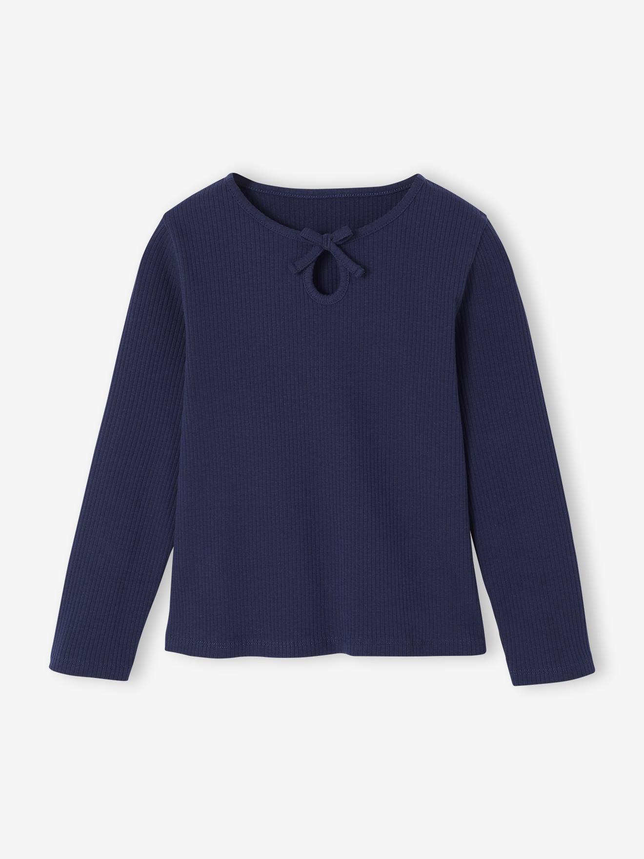 Long-Sleeved Ribbed Knit T-Shirt for Girls navy blue