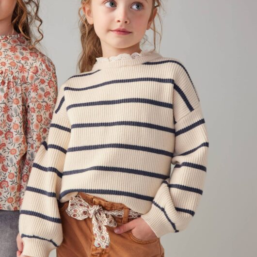 Loose-Fitting Jumper with Fancy Collar for Girls striped navy blue