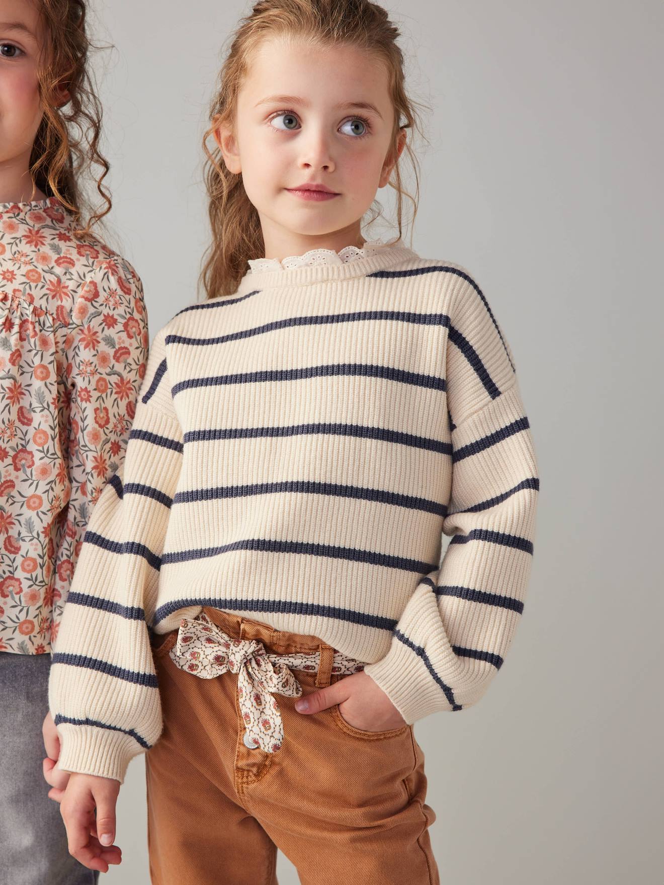 Loose-Fitting Jumper with Fancy Collar for Girls striped navy blue