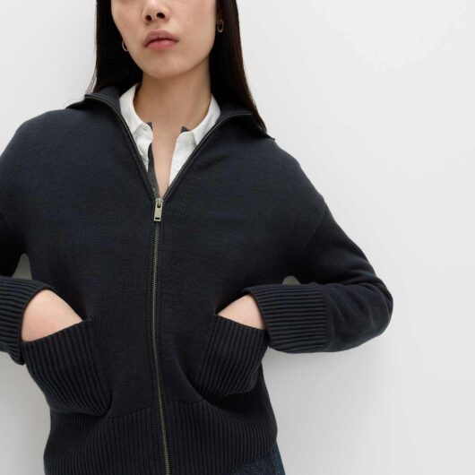 M&S Cotton Rich Pocket Detail Collared Knitted Jacket Midnight Navy