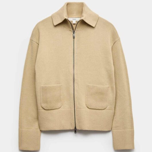 M&S Cotton Rich Pocket Detail Collared Knitted Jacket Sandstone