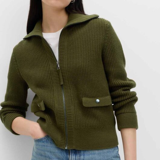 M&S Cotton Rich Pocket Detail Knitted Jacket Dark Khaki
