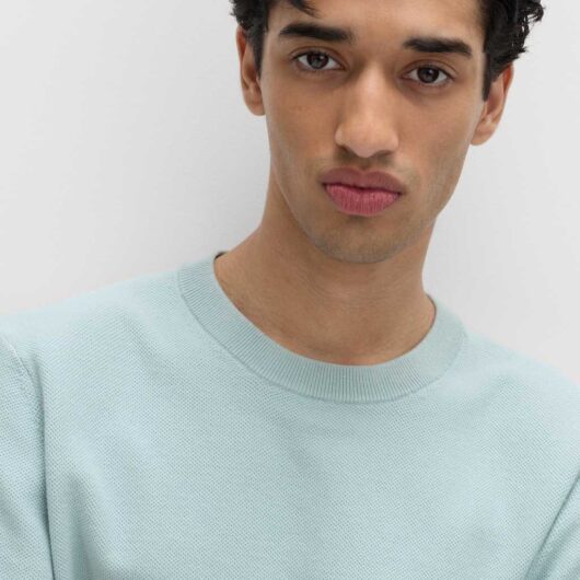 M&S Cotton Rich Textured Knitted T-Shirt Soft Blue